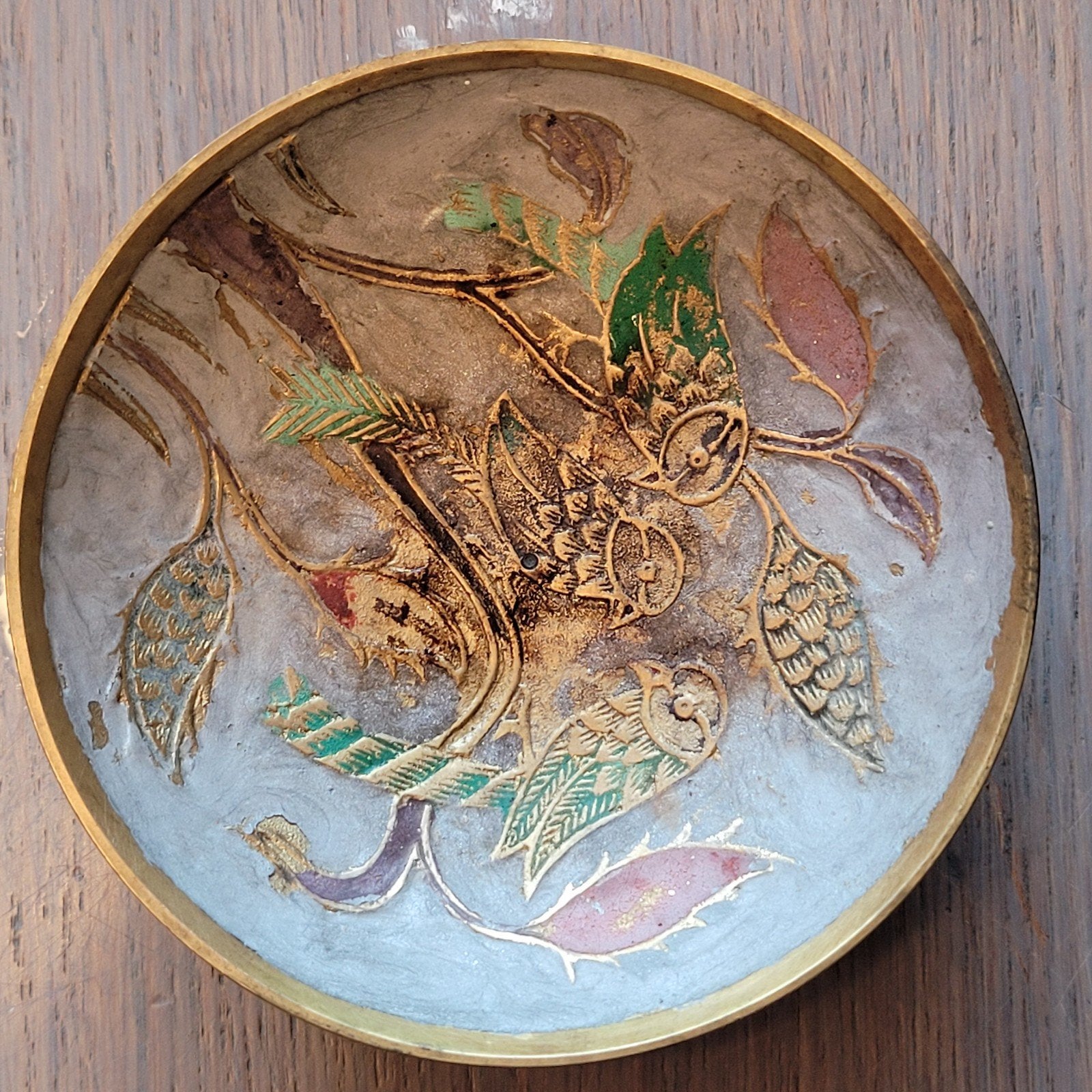 Vintage Messing Schaal met Emaille Decoratie, Ophalen of Verzenden