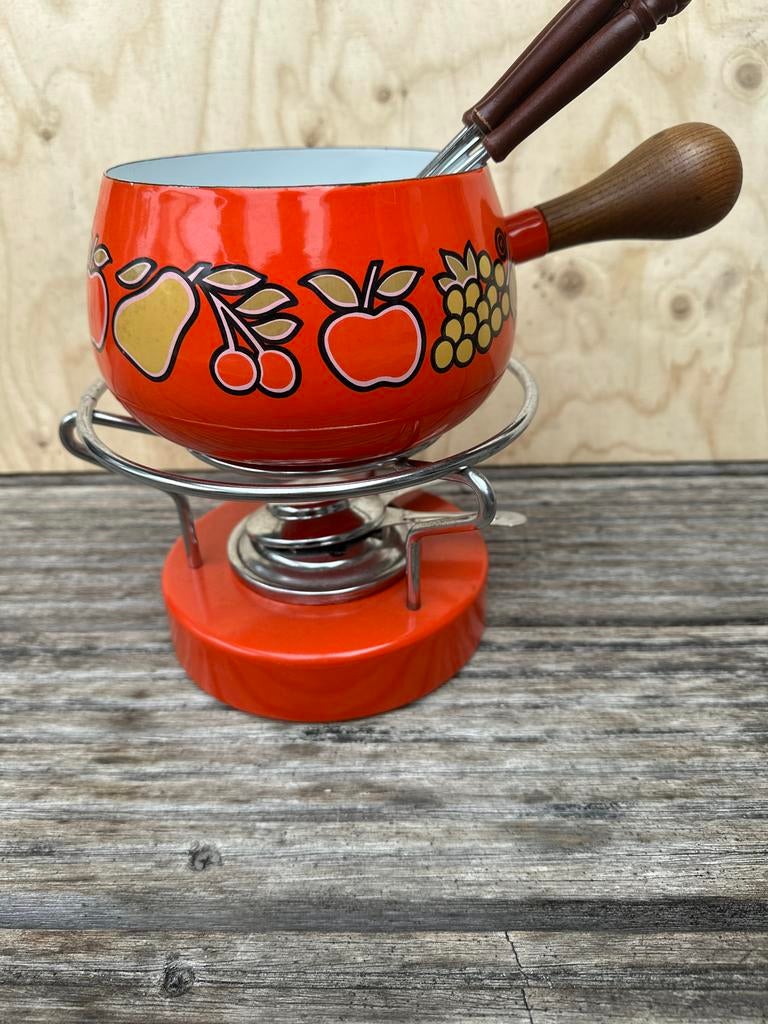 Vintage Oranje Fondue Set Jaren '70 met Bloemmotief en Prikk, Ophalen of Verzenden, Huis en Inrichting