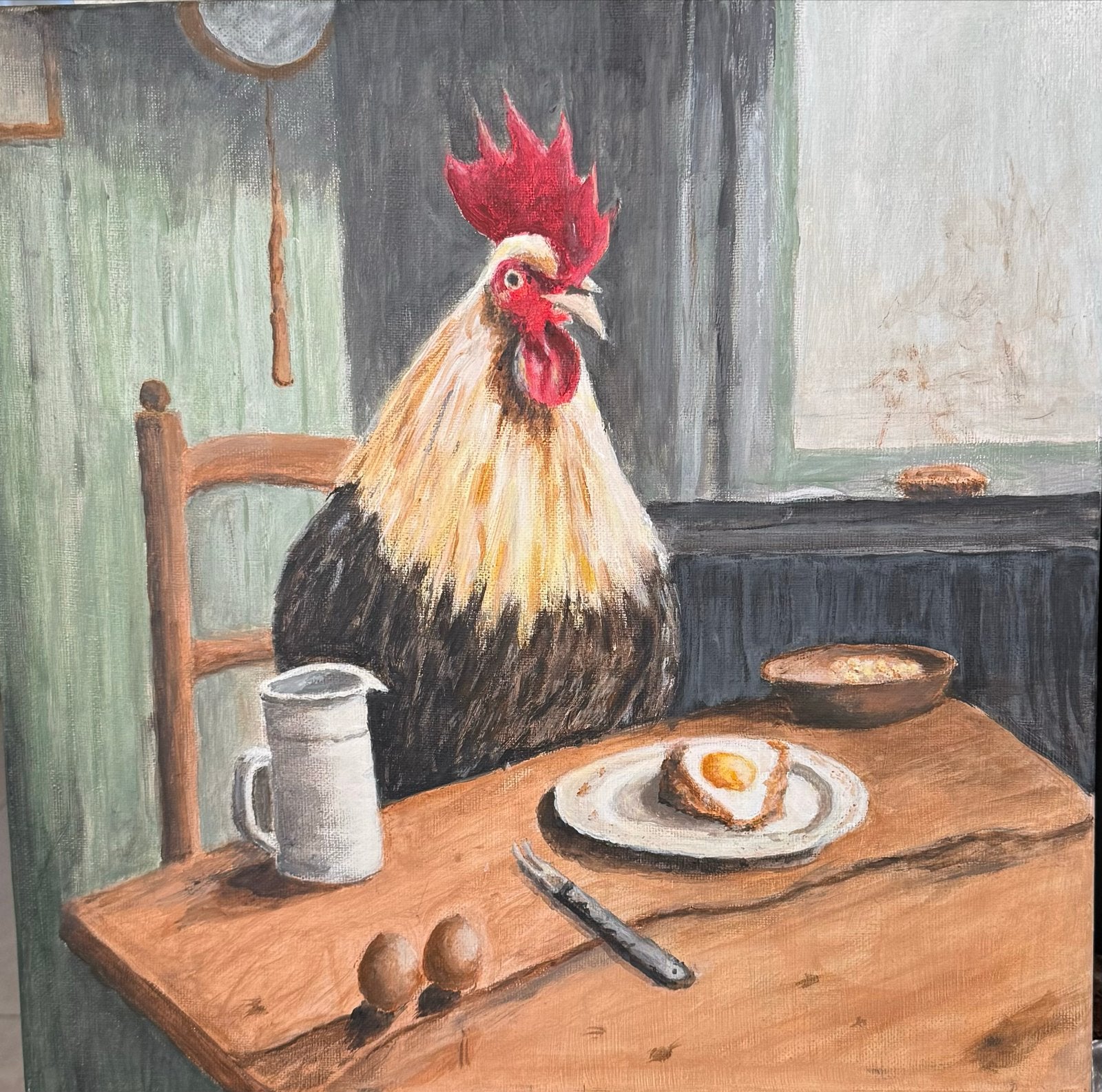 De Haan aan Tafel - Aquarel van Bert Theunissen, Doek, Dieren, Ophalen of Verzenden, Gesigneerd