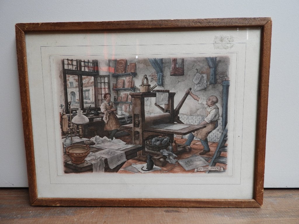 Anton Pieck Prent in Houten Lijst - De Drukkerij, Gebruikt, 1980 tot heden, Ophalen of Verzenden, Prent