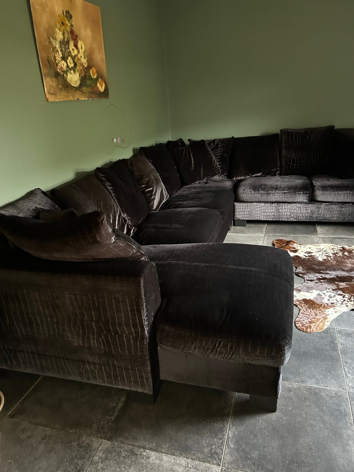 Hoekbank Rofra zwart velvet kroko, Ophalen, Gebruikt, 100 tot 125 cm, Hoekbank