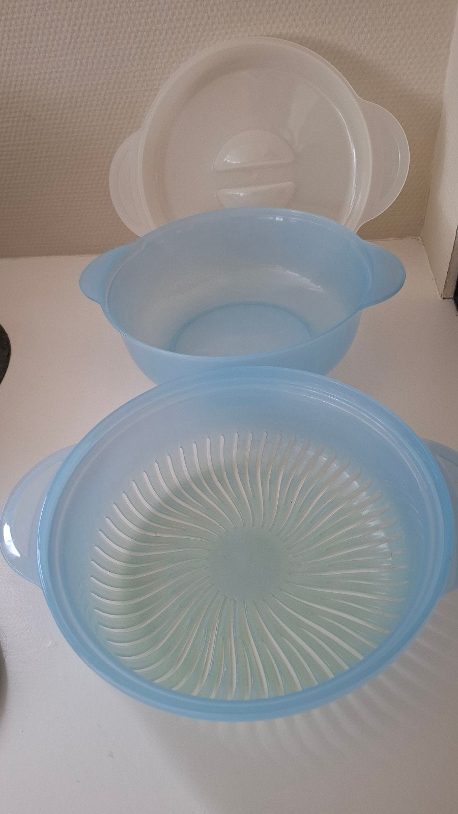 Blauwe magnetron stoompan met vergiet en deksel, 23 cm, Kunststof, Ophalen of Verzenden, Zo goed als nieuw, Overige merken