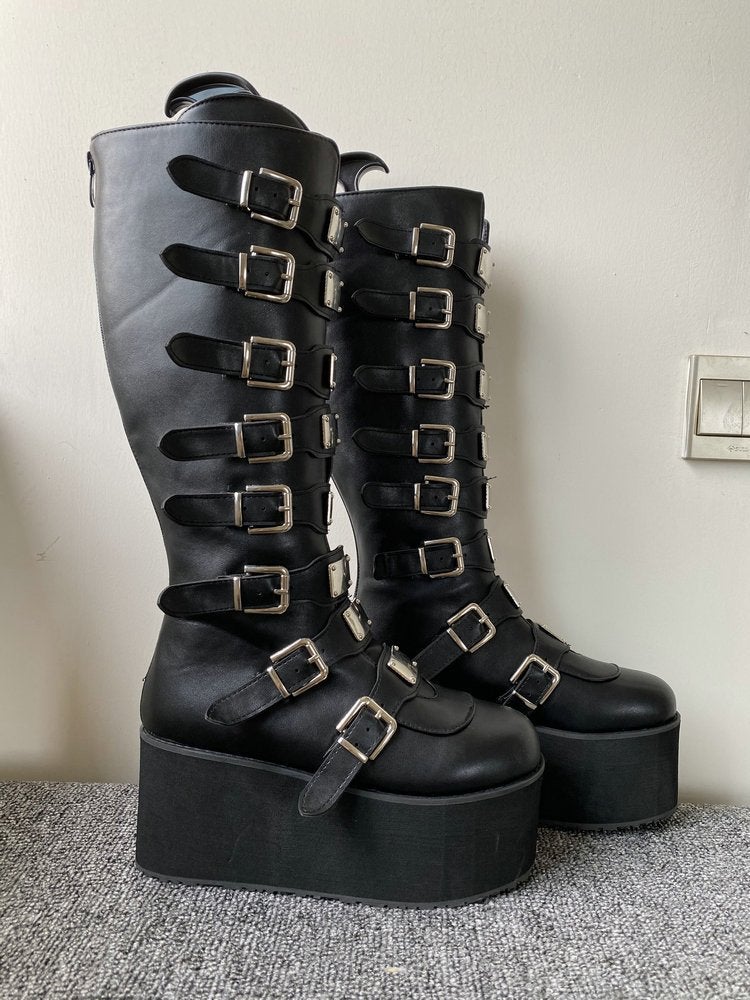 Hoge zwarte platform dames laarzen met gespen / schoenen, Kleding | Dames, Verzenden, Nieuw, Zwart, Hoge laarzen