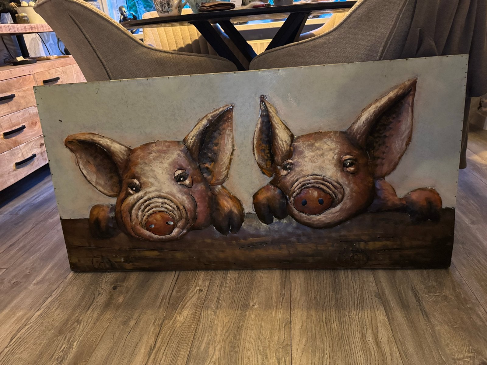 2 Leuke Stalen 3D Schilderijen met Varkens, Ophalen, Metaal, 3D-effect, Dieren