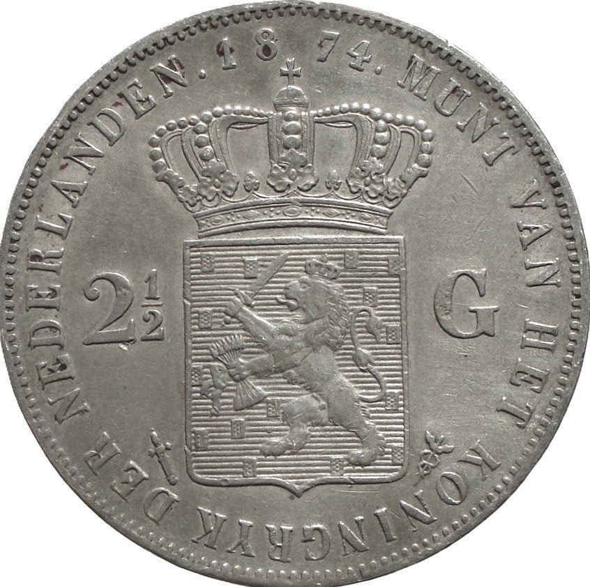 Nederland 2,5 gulden 1874 (zilver), Koning Willem III, Zilver, Ophalen of Verzenden, Losse munt