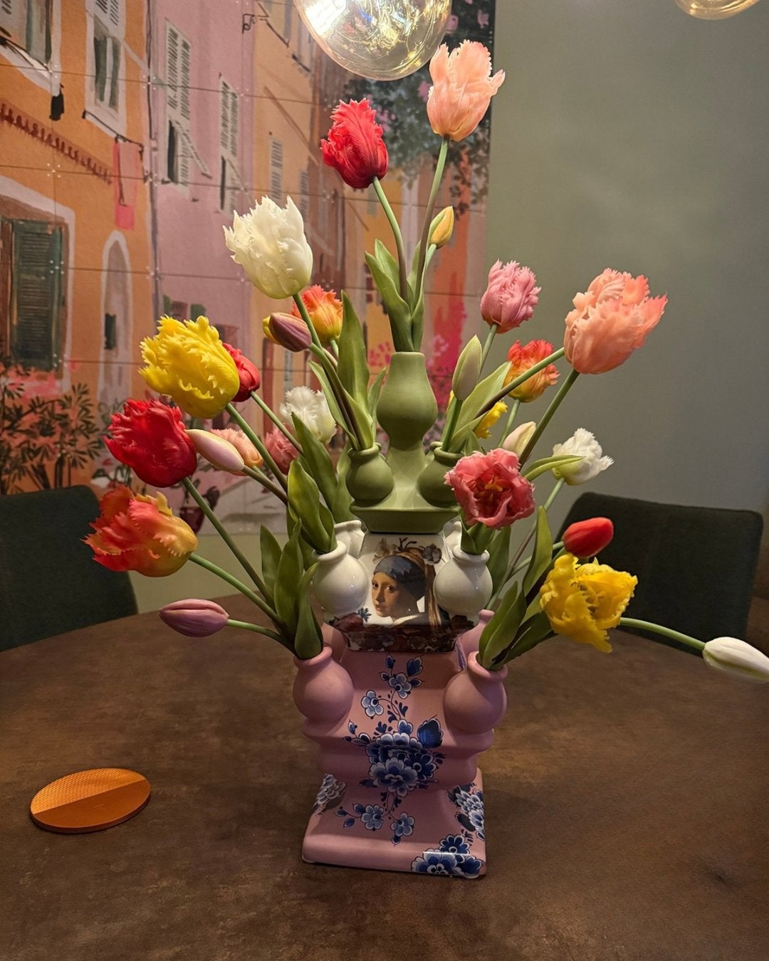 Heinen Delfts Blauw Stapelgekte Tulpenvaas incl kunsttulpen, Ophalen of Verzenden, Zo goed als nieuw, 40 cm, Steen/keramiek