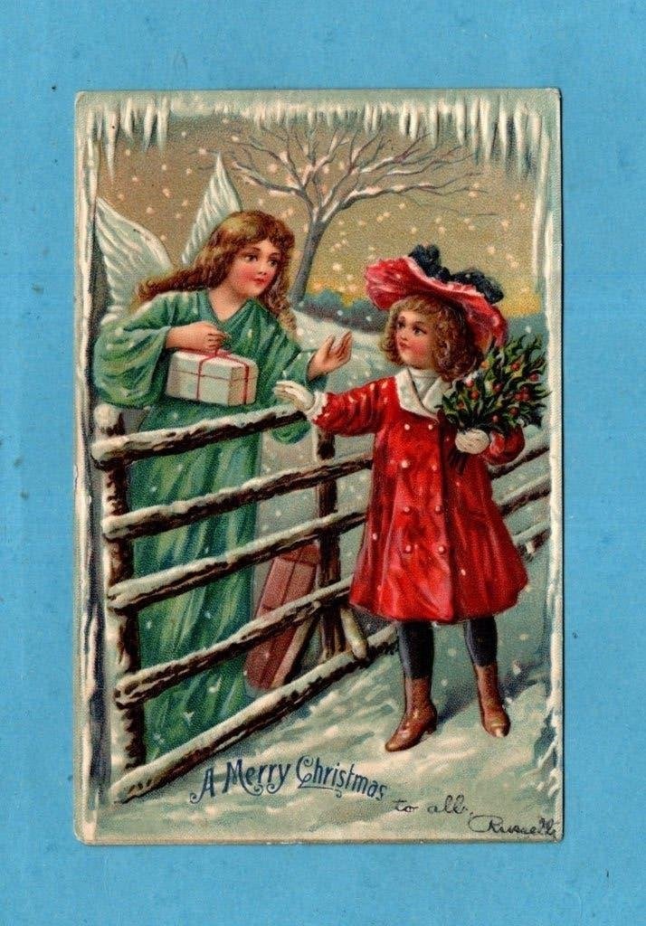 Pracht kerstkaart/reliéf W373 - Engel geeft meisje kado 1909, Ophalen of Verzenden, Voor 1920, Gelopen, Feest(dag)