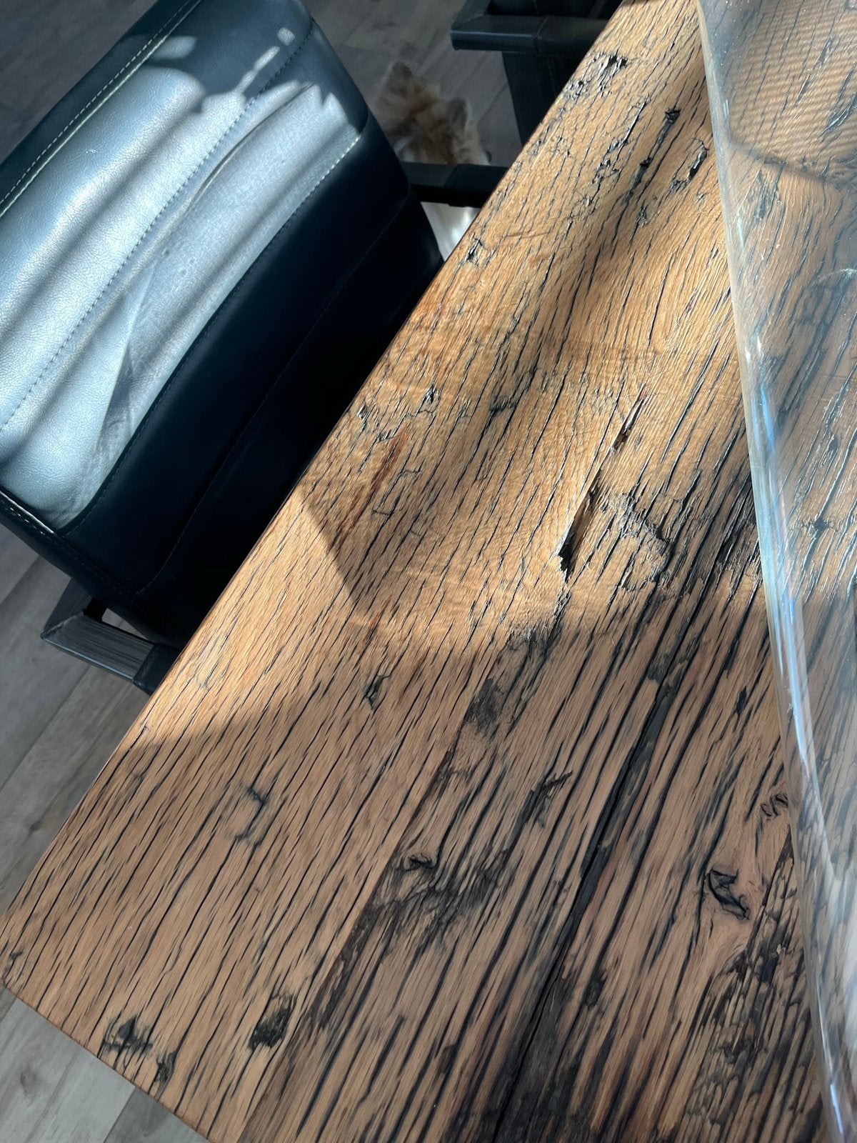 Robuuste eettafel wagonplanken blad met stalen spinpoot, Huis en Inrichting, Ophalen, 200 cm of meer, 50 tot 100 cm, Vijf personen of meer