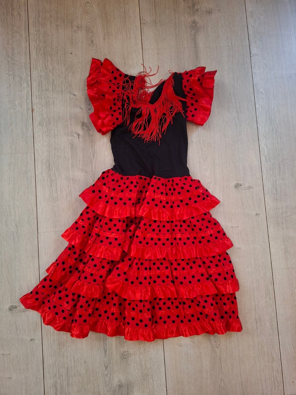 Rood-zwart Flamenco jurkje met stippen, maat 6, Ophalen of Verzenden, Gebruikt, 110 t/m 116, Meisje