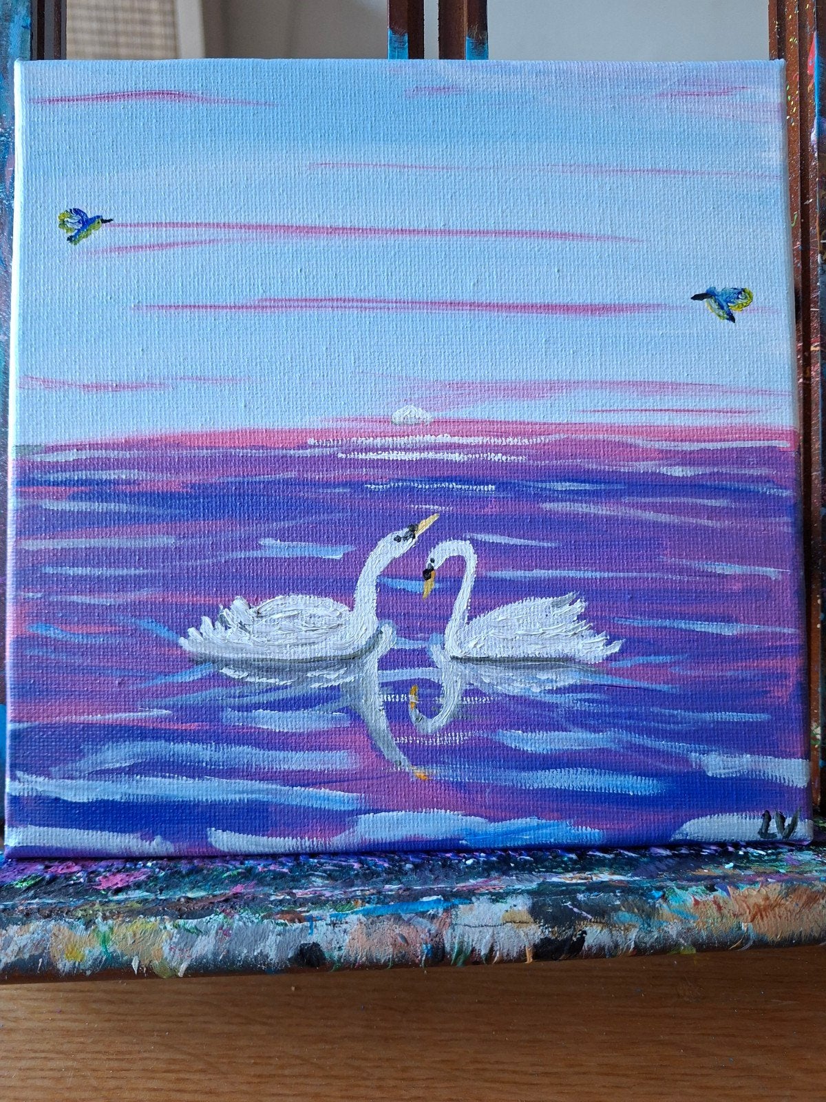 Zelfgemaakt olieverfschilderij van 2 zwanen, Ophalen of Verzenden