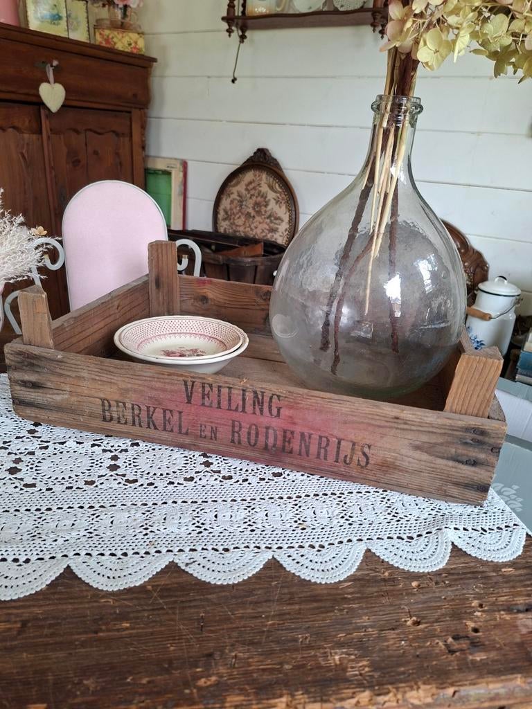 Brocante oude houten veilingskrat dienblad bijzettafeltje, Ophalen of Verzenden, Hout