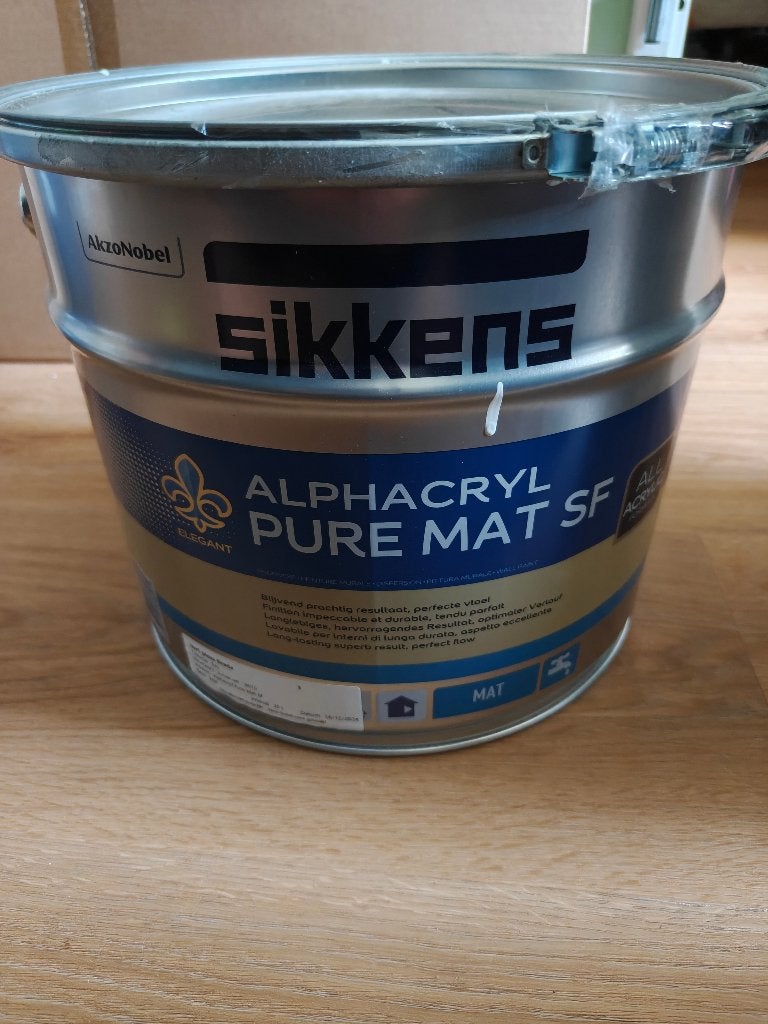 Sikkens Alphacryl Pure Mat SF 10L – RAL 9010 Zuiver Wit, Ophalen, 5 tot 10 liter, Wit, Nieuw