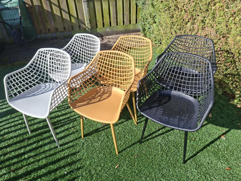Set van 6 kuipstoelen Webbing, Ophalen, Zo goed als nieuw, Kunststof