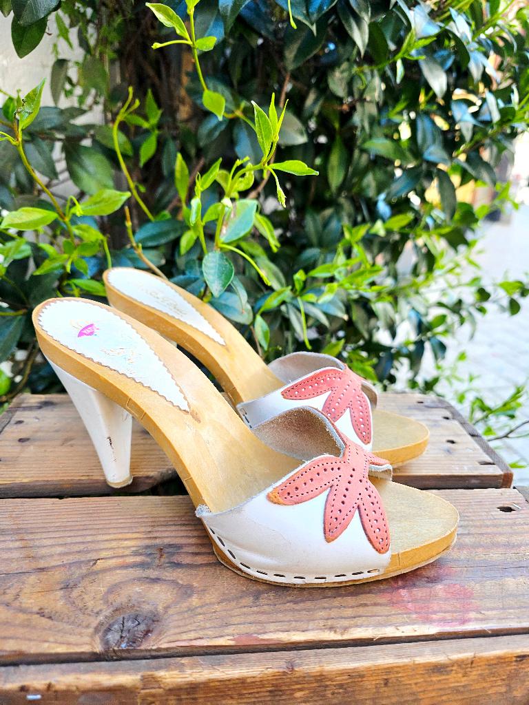 YV9580: Vintage 70s/80s Carlo Pera Wood-Heeled Clogs Shoes, Overige kleuren, Unknown, Unknown, Vintage