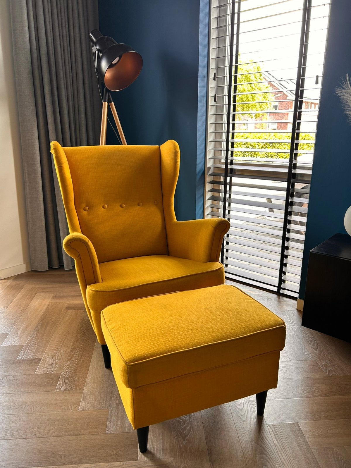Gele Strandmon Fauteuil Ikea met voetenbank, Huis en Inrichting, Ophalen, Gebruikt, Stof, 75 tot 100 cm