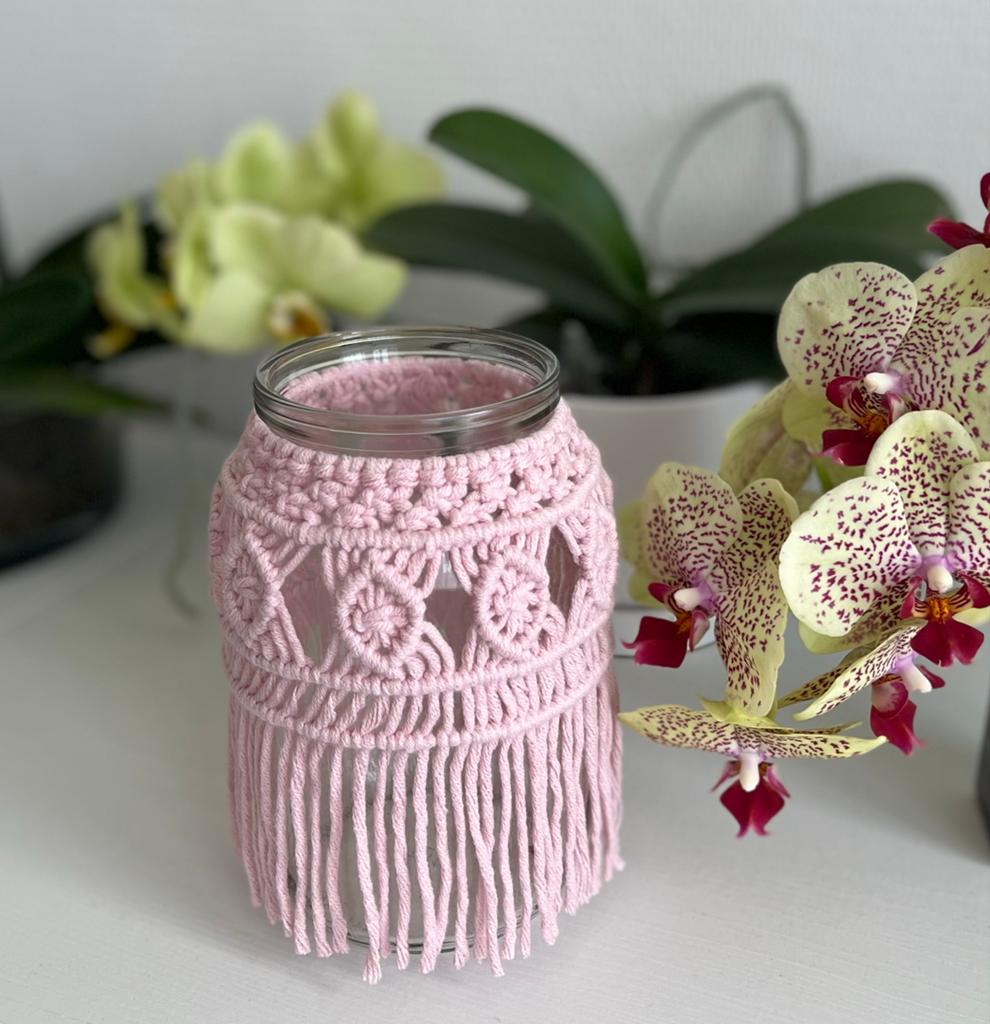 Roze Macramé Pot/Vaas/Waxinelichthouder, Boho, Roze, Ophalen of Verzenden, Zo goed als nieuw