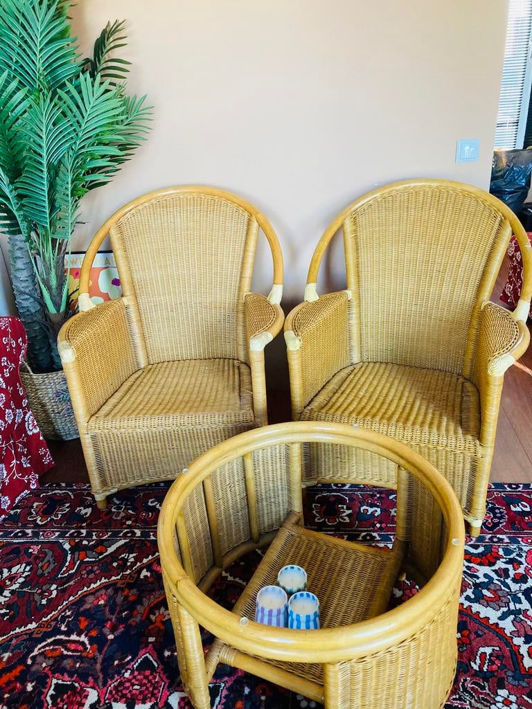 Vintage Rotan bohemian stoelen plus tafel set ophalen zsm, Huis en Inrichting, Stoelen, Twee, Bruin, Ophalen