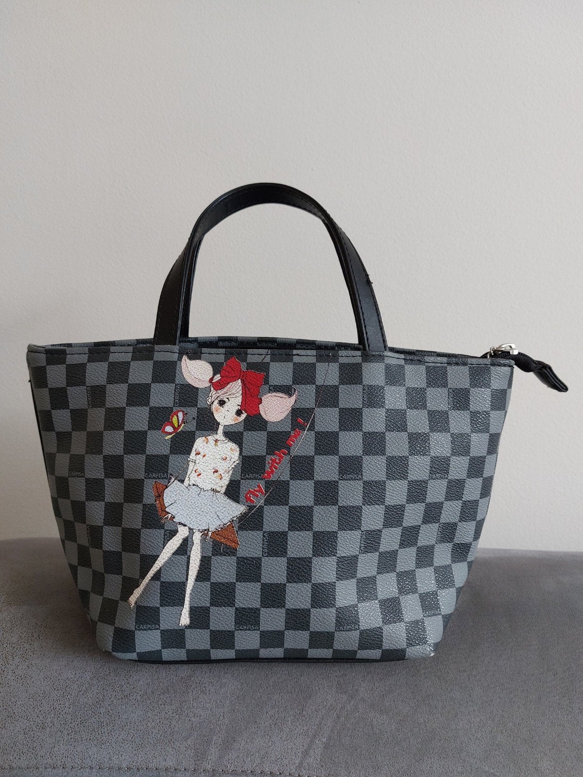 italiaanse handtas van Carpisa, zwart grijs, binnenvak+rits, 30 cm of meer, Gebruikt, Zwart, Minder dan 35 cm