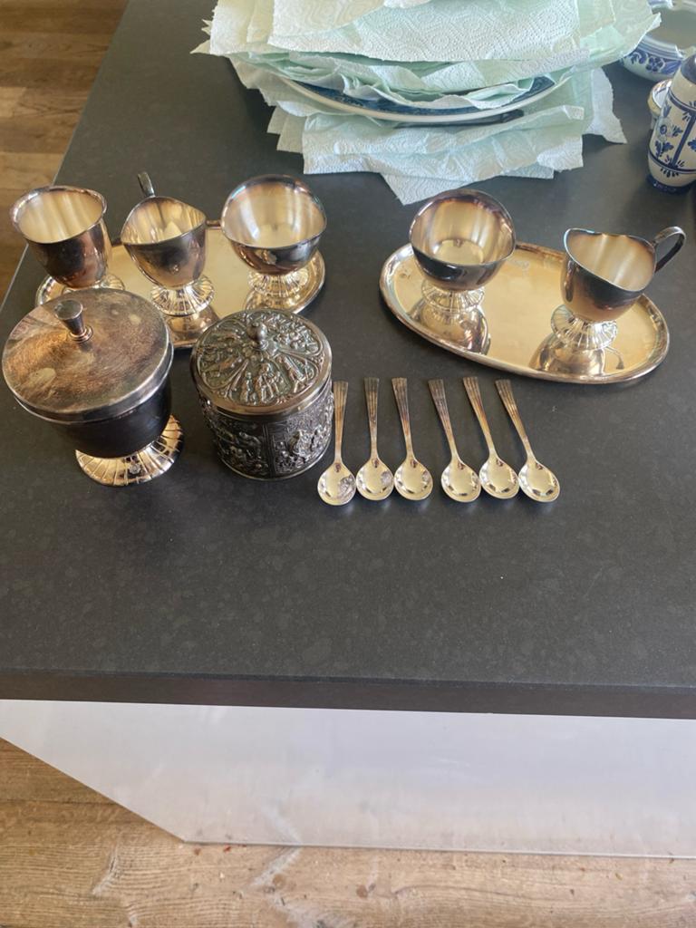 Douwe egberts verzilverd theeservies met suikerpot en lepels, Ophalen of Verzenden, Zilver