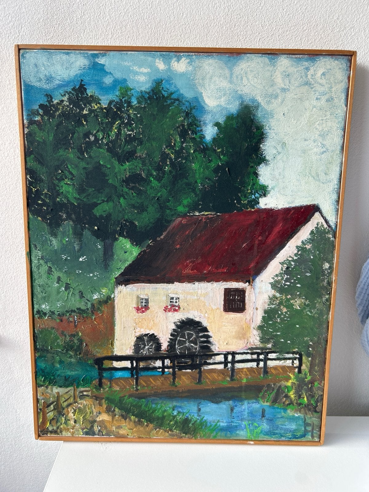 Schilderij watermolen, olieverf op doek, ingelijst, Ophalen, Doek, Realistisch, Olieverf