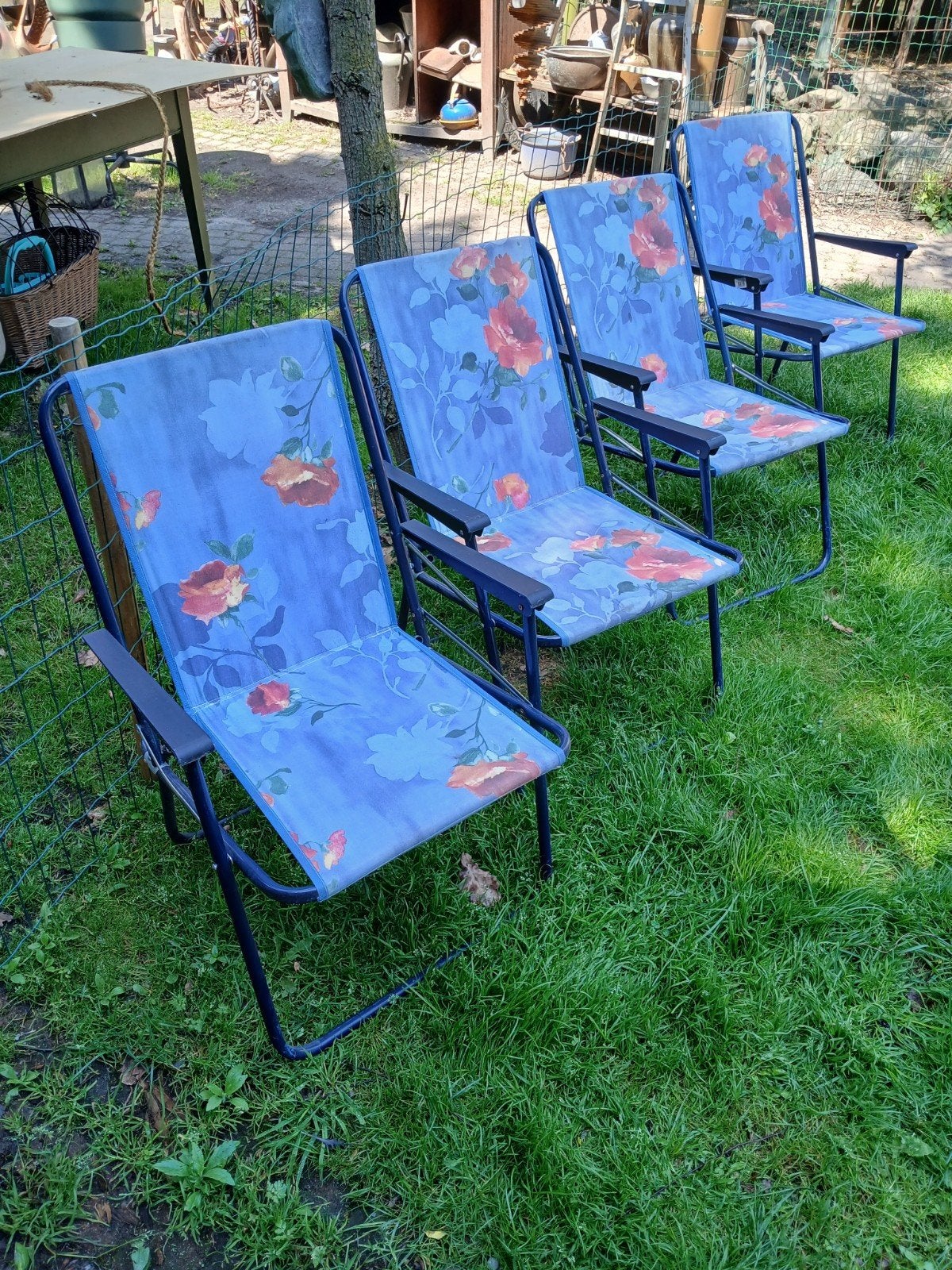 Set van 4 vintage klapstoelen met bloemenprint, Antiek en Kunst, Antiek | Meubels | Stoelen en Banken, Ophalen of Verzenden