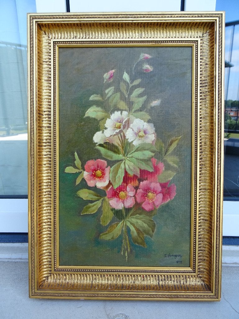 mooi schilderij met fraaie lijst , koopje 70 euro., Bloemen, Paneel, Ophalen of Verzenden, Olieverf