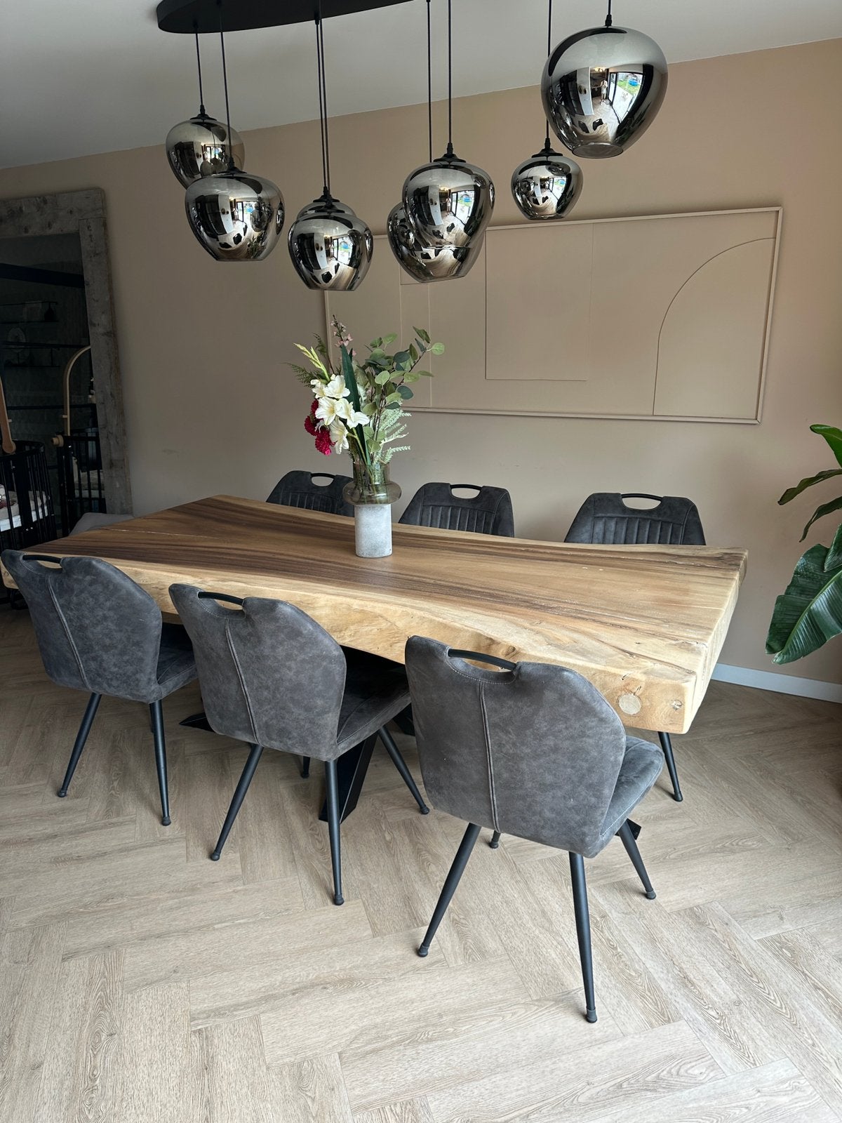 Boomstamtafel 220 cm Massief hout Zwarte kruis, Huis en Inrichting, Ophalen, Zo goed als nieuw, Rechthoekig, 200 cm of meer