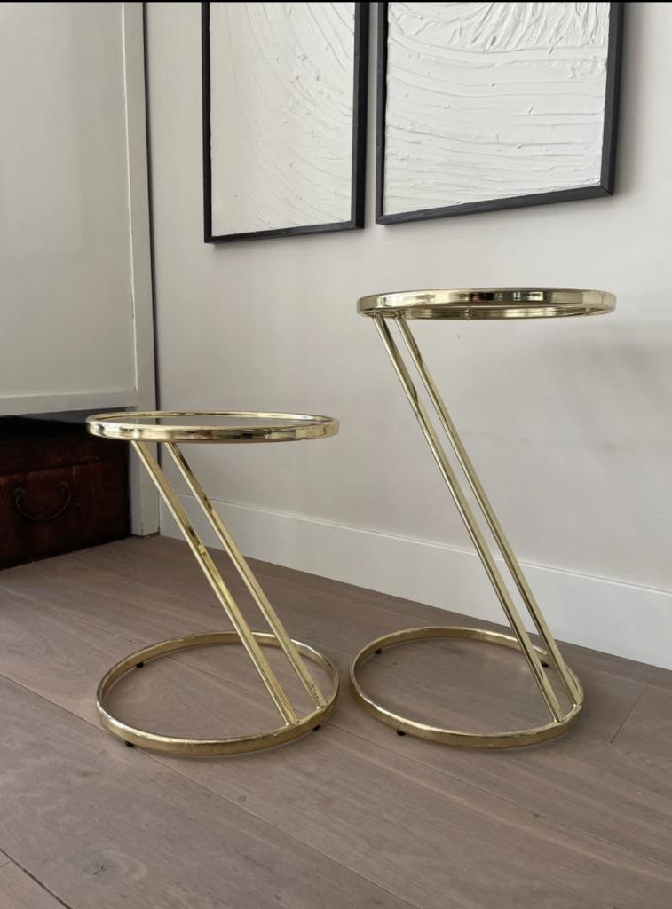 Mooie set van twee messing design bijzettafeltjes, Huis en Inrichting, Tafels | Bijzettafels, Rond, 45 tot 60 cm, Minder dan 55 cm