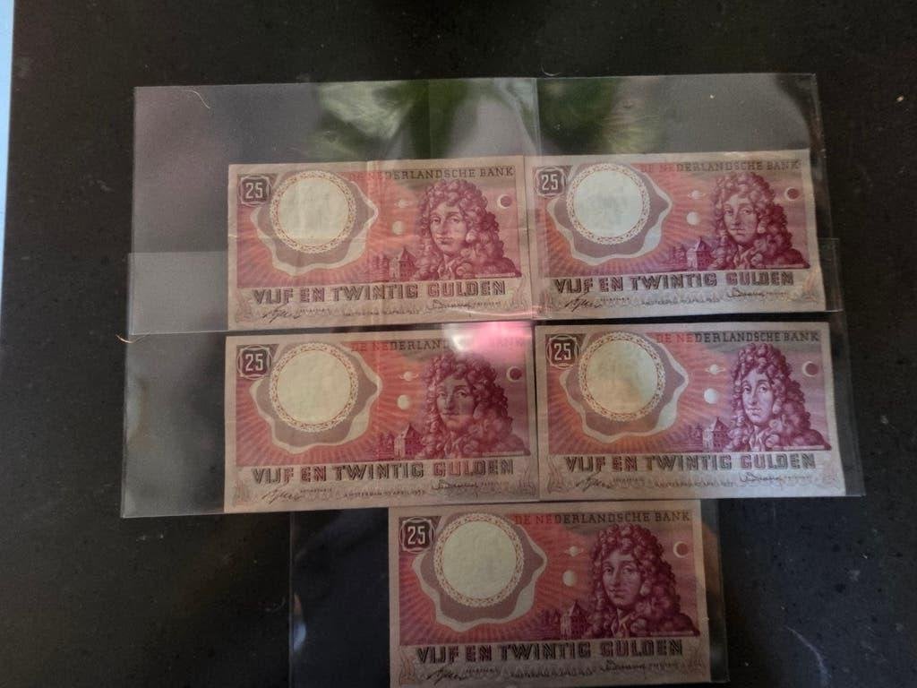 Set van 5x 25 Gulden biljetten - Christiaan Huygens, Ophalen of Verzenden, 25 gulden, Setje