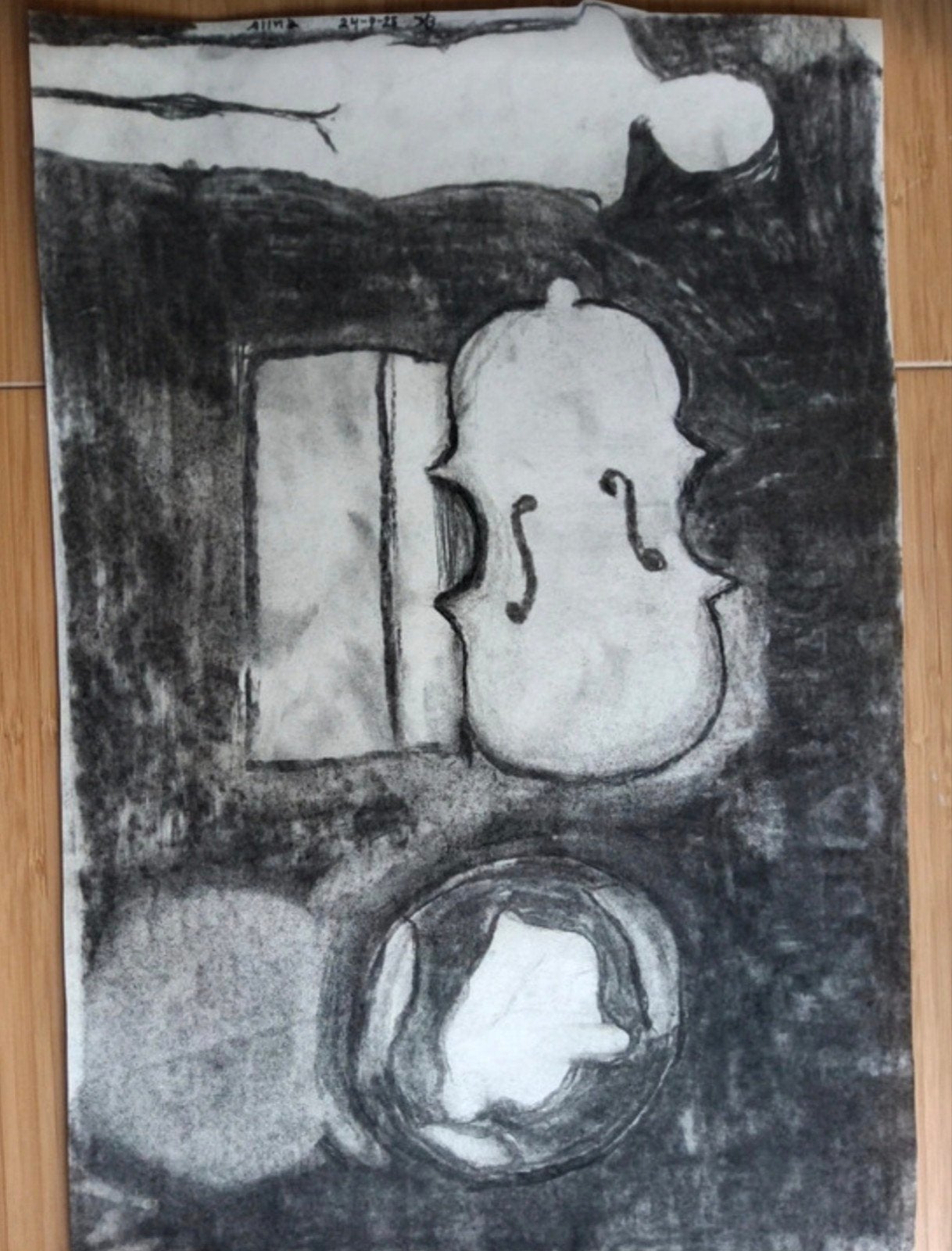 Stil leven met viool - Houtskooltekening, Ophalen of Verzenden, Tekening, Houtskooltekening, Origineel