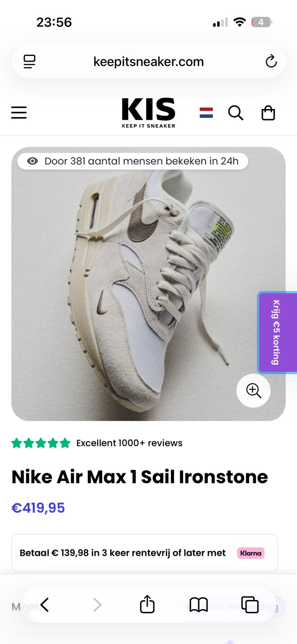 Nike Air Max 1 Sail Ironstone maat 42, Kleding | Heren, Schoenen, Ophalen, Nieuw, Overige kleuren, Sneakers of Gympen