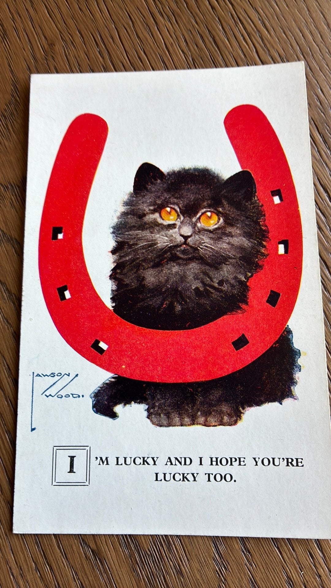 Lawson WOOD. Kat, hoefijzer. Ik ben gelukkig, hoop jij ook, Ophalen of Verzenden, Ongelopen, Overige thema's