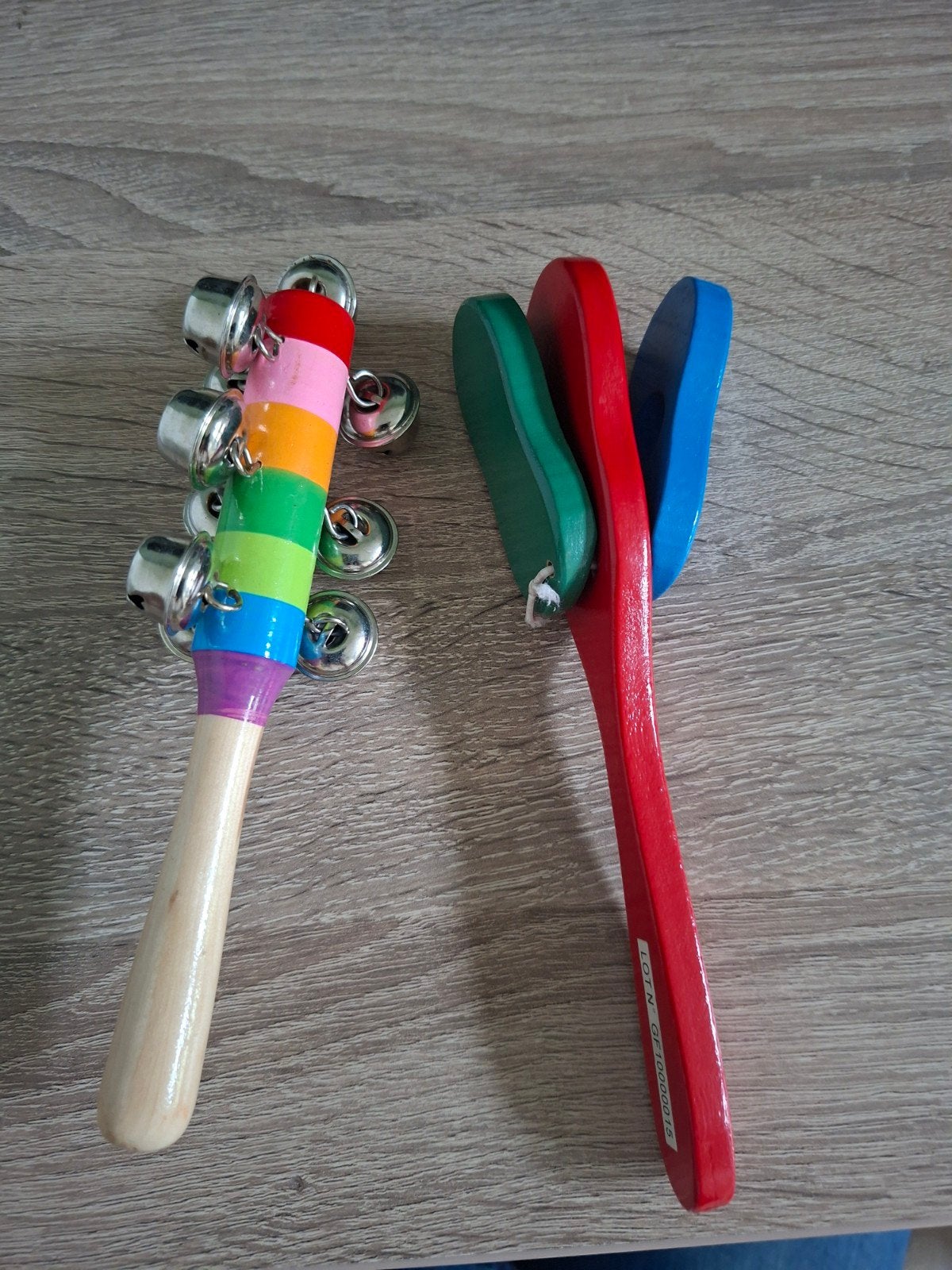 Houten muziekinstrumenten set: rammelaar en castagnetten, Ophalen of Verzenden, Gebruikt