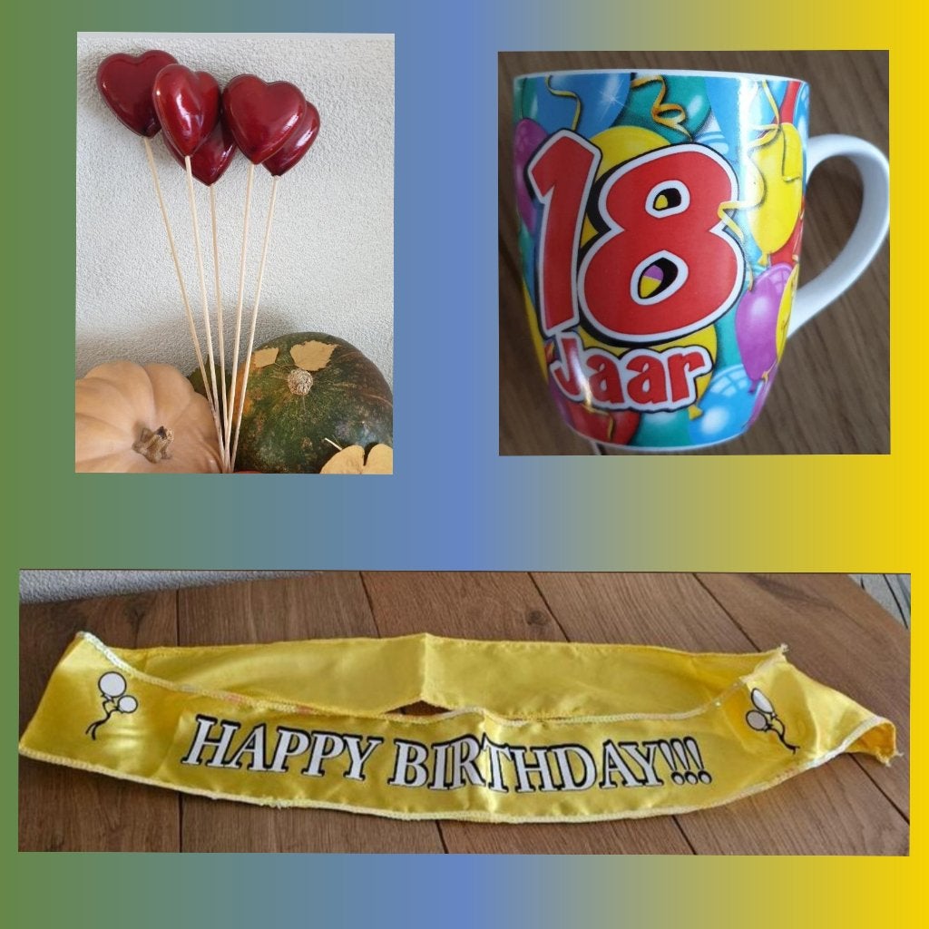 Verjaardags sjerp HAPPY BIRTHDAY 18jr beker +doos+ 5x harten, Ophalen of Verzenden, Nieuw, Versiering, Verjaardag