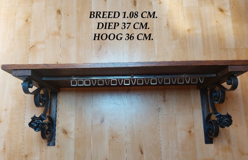 KAPSTOK, WANDKAPSTOK MET EIKEN HOEDENPLANK EN SIERSMEEDWERK, Gebruikt, Minder dan 100 cm, Hout, Ophalen