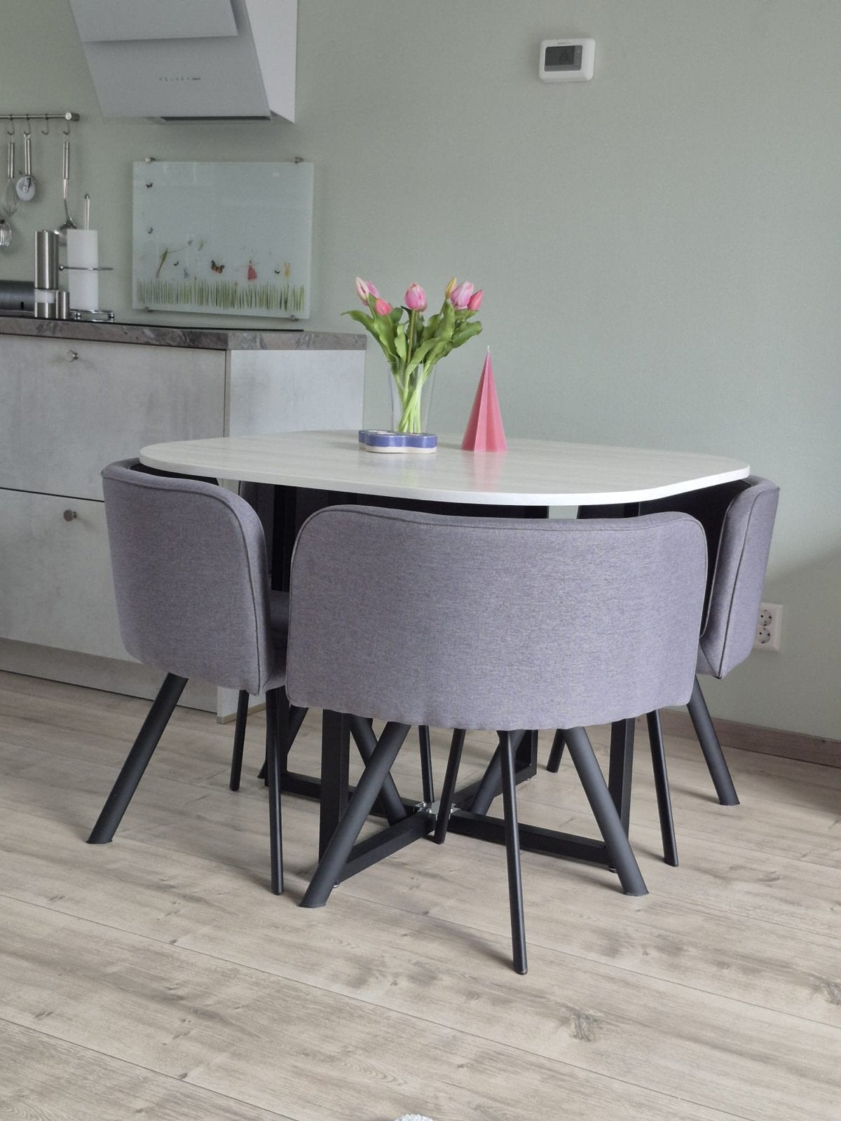 Eettafel met 4 grijze stoelen - Als nieuw, Ophalen, Zo goed als nieuw, Vier, Grijs