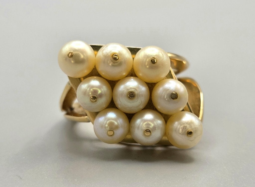 Gouden Vintage cocktailring met parel. 2026/349, Sieraden, Tassen en Uiterlijk, Antieke sieraden, Ophalen of Verzenden, Goud, Ring