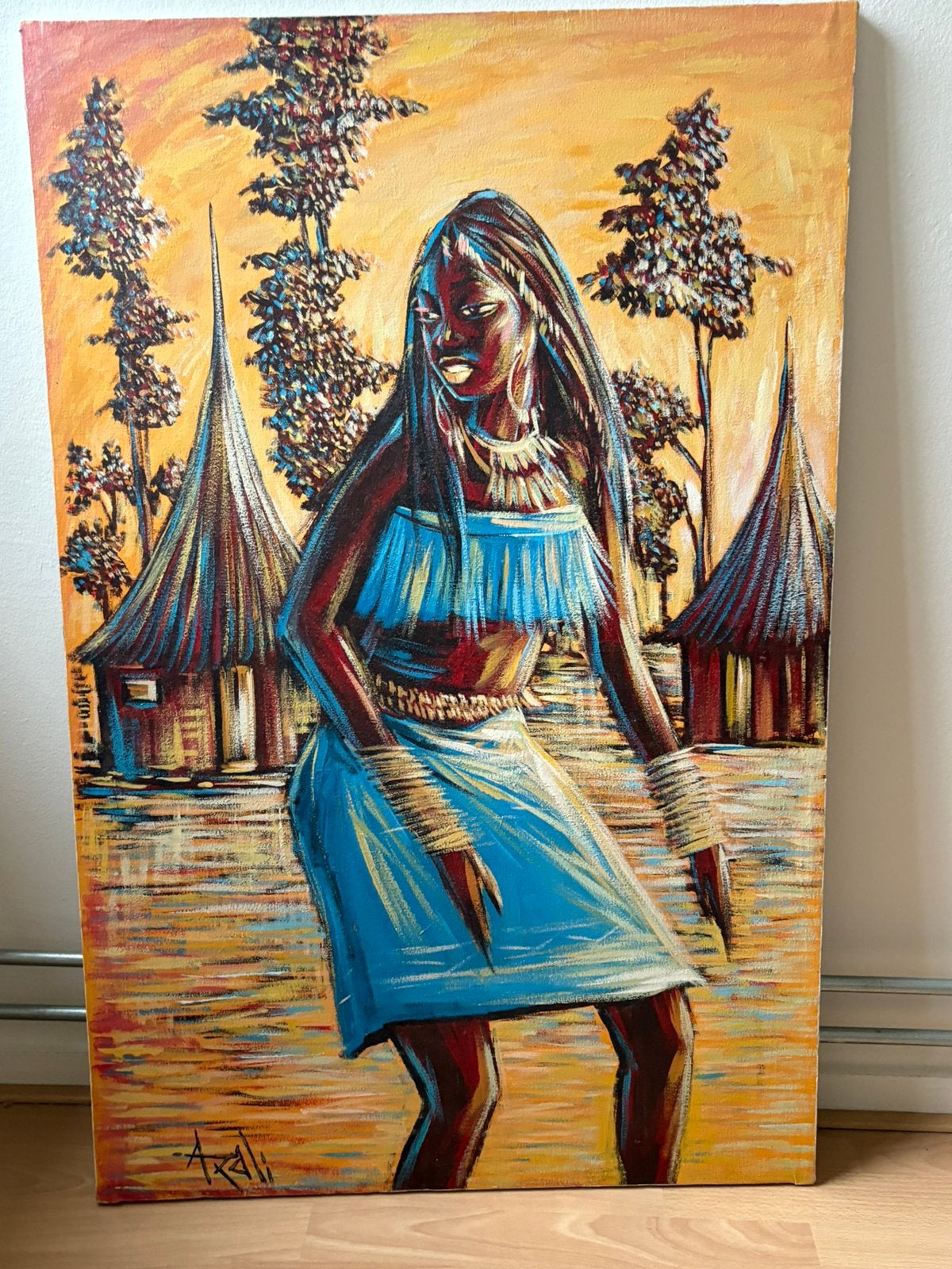 Zeer oude Afrikaanse doek schilderij van 1 m x 65 cm, Ophalen