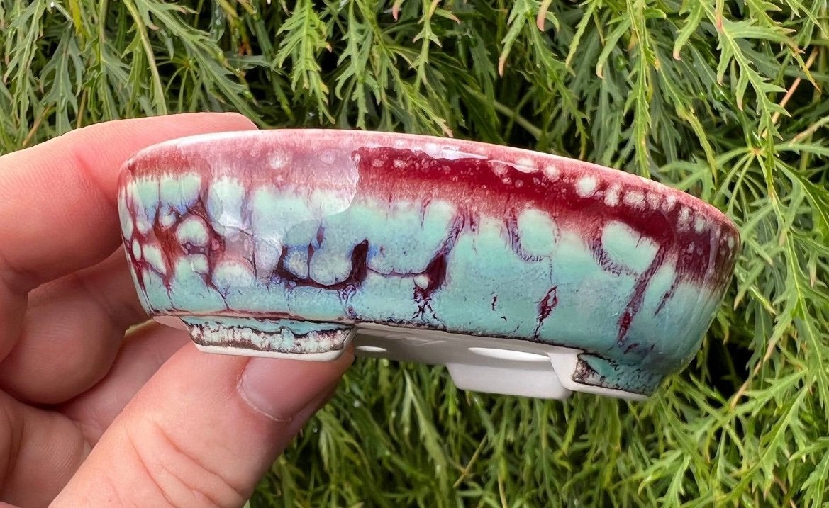 Bonsai schaal handgemaakt Bordeaux- Turquoise 9,5x7,8x2,6, Nieuw, Ophalen of Verzenden, Overige vormen, Aardewerk