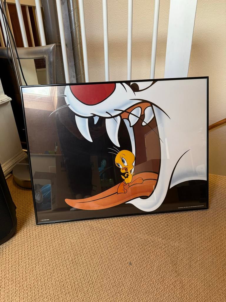 Ingelijste Looney Tunes print met Sylvester en Tweety, Huis en Inrichting, Ophalen, Gebruikt, Print, Minder dan 50 cm