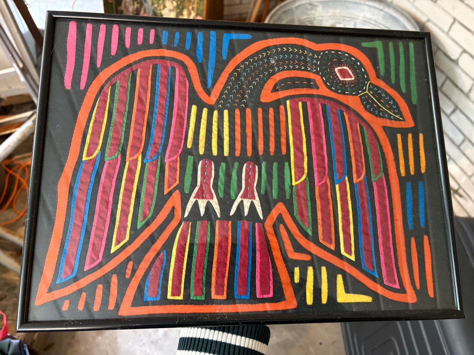 Kleurrijk ingelijst textielkunstwerk - Mola-stijl, Ophalen, Wanddecoratie, Textiel, Handgemaakt