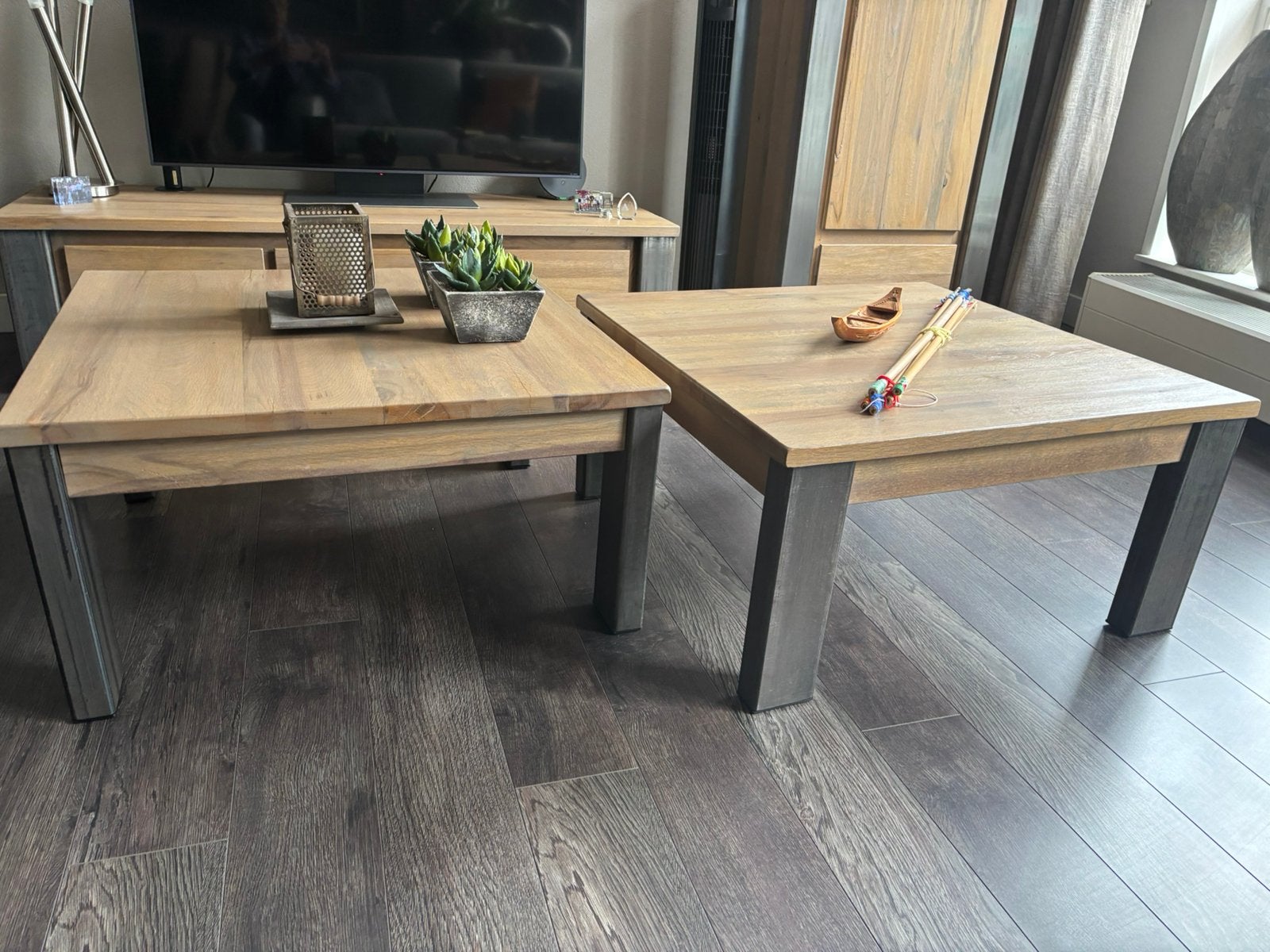 2salontafels  hout en metaal, Ophalen