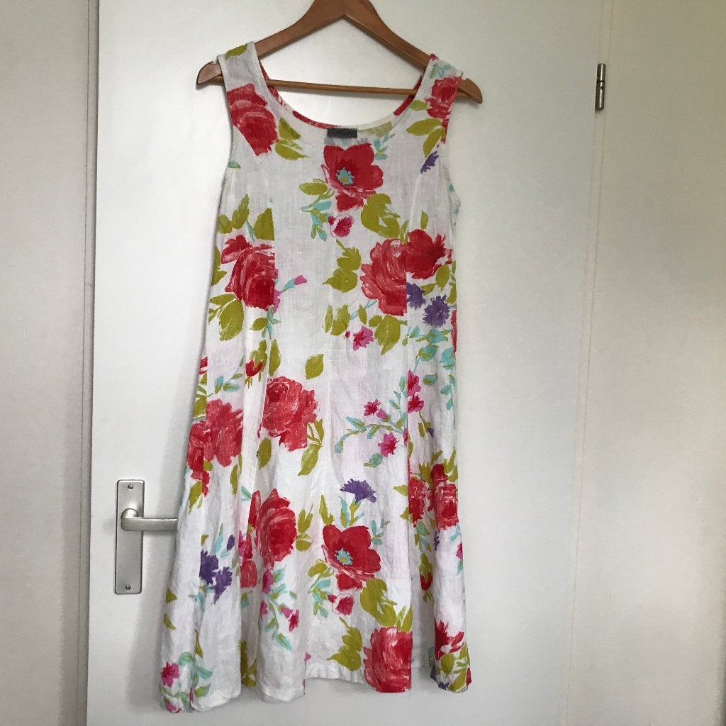 Linnen jurk met bloemenprint maat L, Ophalen of Verzenden, Zo goed als nieuw, Maat 38/40 (M), Onder de knie