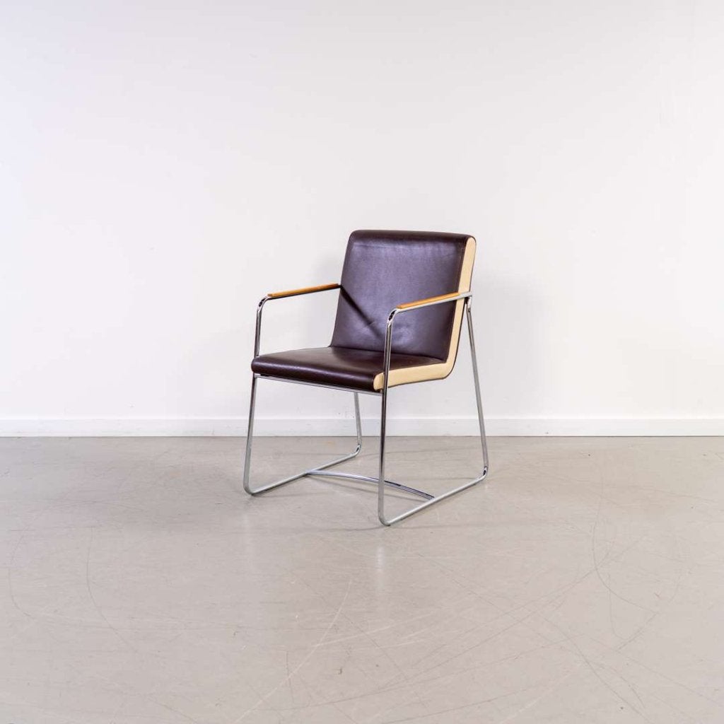 1x Leolux Spring (Eetkamer) Stoel Bruin/Beige Leer – Chroom, Niet ingevuld, Niet ingevuld, Ophalen of Verzenden, Zo goed als nieuw
