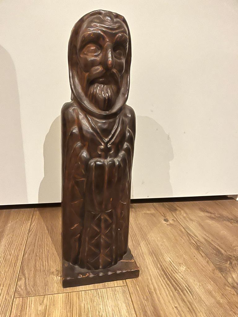 Vintage houten monnik flessenhouder handgesneden wijnhouder, Ophalen