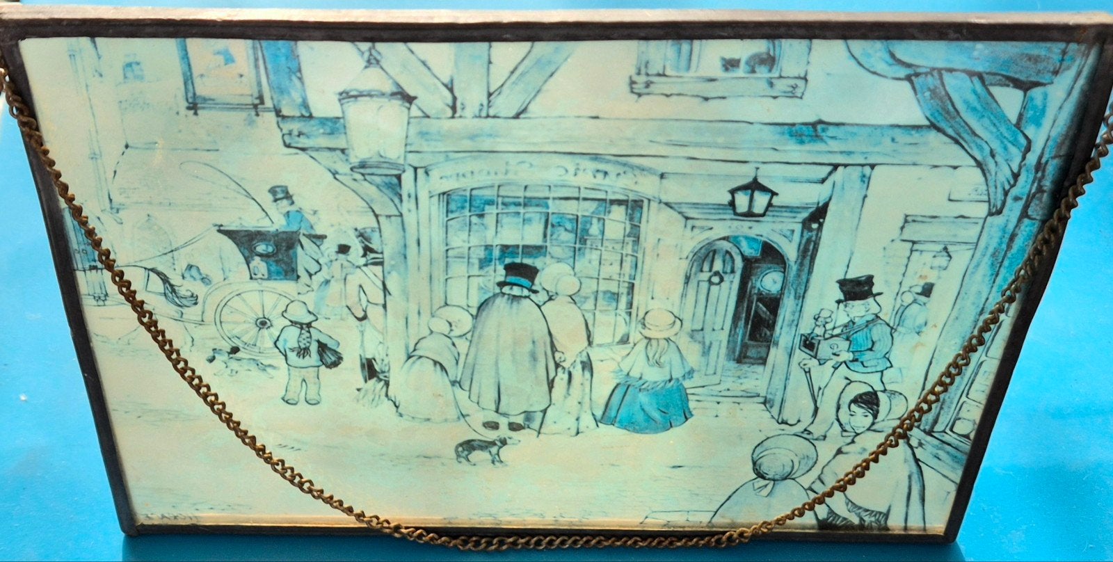 Vintage glas in lood "Schilderij": Straatbeeld met Koets en, Ophalen