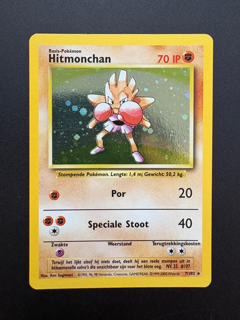Hitmonchan 7/102 Base Set Nederlands, Ophalen of Verzenden, Zo goed als nieuw, Losse kaart, Foil