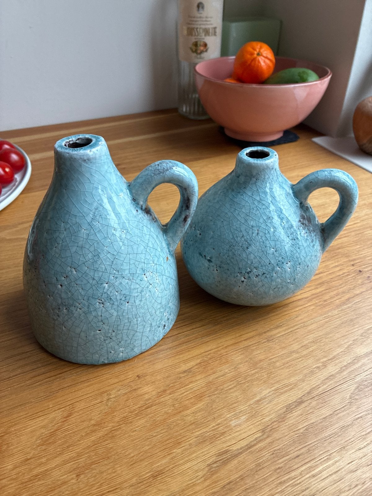 Set van 2 turquoise craquelé vazen/kannetjes, Ophalen, Zo goed als nieuw, Blauw, Steen/keramiek