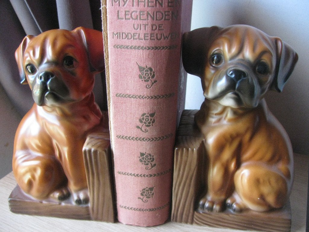 Set Vintage Jaren '70 Boekensteunen - Boxer Pups  H 18 cm, Antiek en Kunst, Verzenden