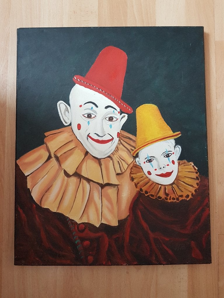 Circus / Schilderij: Twee Clowns - Olieverf op doek, Figuren, Ophalen of Verzenden, Olieverf, Handgeschilderd
